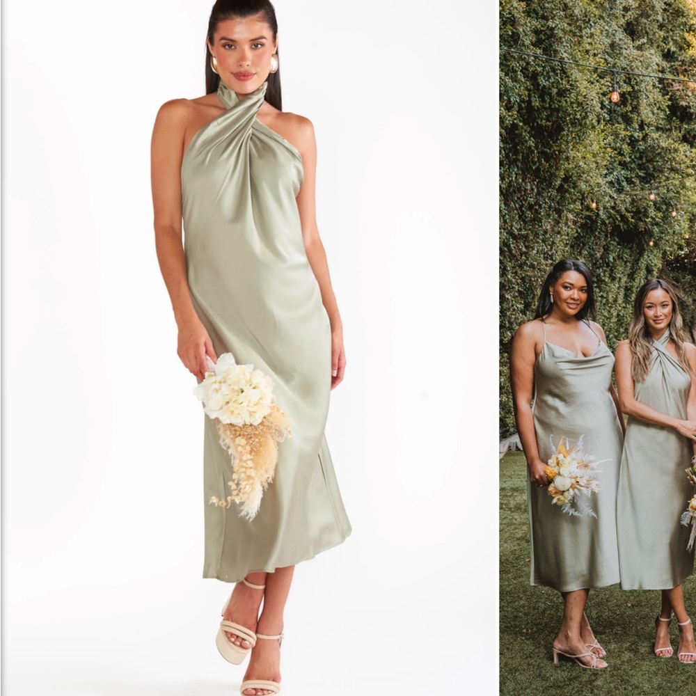 Show Me a your Mumu Jasmine Halter Midi Moss Green Luxe Satin